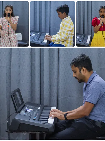 A collage of students singing and playing the keyboard at our BEML branch.