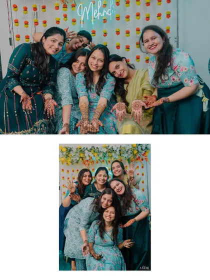 A bride and her bridesmaids showing off their henna-covered hands. This photo is all about friendship, laughter, and the shared excitement of the Mehendi ceremony.