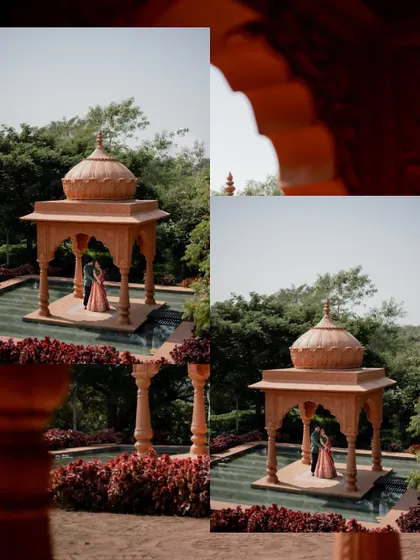 A collage showing different angles of the couple in a stunning gazebo, highlighting the grandeur of the pre-wedding shoot location.