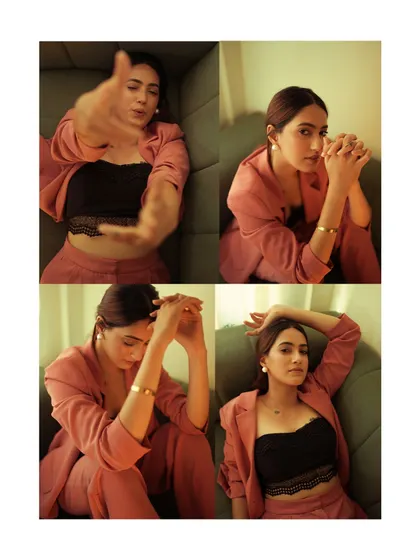 This collage tells a story through a series of moments, capturing the model in various thoughtful and expressive poses.