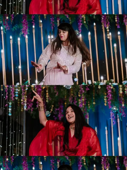 A collage of guests showing off their dance moves at the Sangeet.