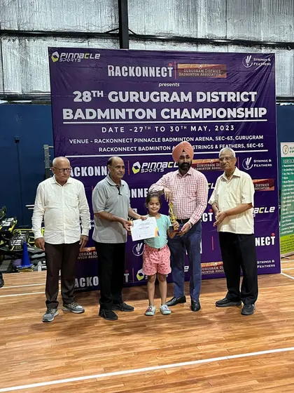One of our youngest competitors receiving her award at the 28th Gurugram District Badminton Championship. I believe in nurturing talent from a very early age.