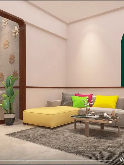 The living room of our 'Sobha Daisy' project in Bangalore, showcasing a 'Traditional Modern' style. A comfortable sofa with vibrant cushions is paired with a traditional swing and peacock-themed art.