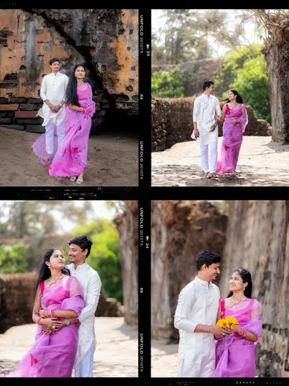 A film-strip style collage of a couple's pre-wedding portraits near historic ruins.