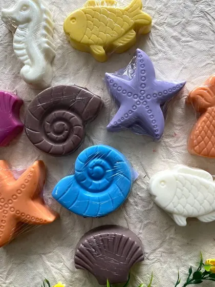 Take a trip under the sea with this collection of ocean-themed soaps. It includes a starfish, seahorse, fish, and different shells, all in fun colors and shapes.