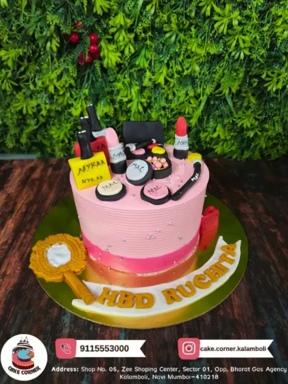A pink makeup-themed cake for Ruchita, featuring products from brands like Nykaa and MAC. A perfect treat for someone who loves all things beauty.