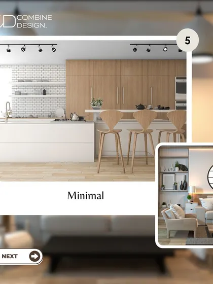 A graphic showcasing the "Minimal" design style, featuring clean lines, a neutral palette, and uncluttered spaces.
