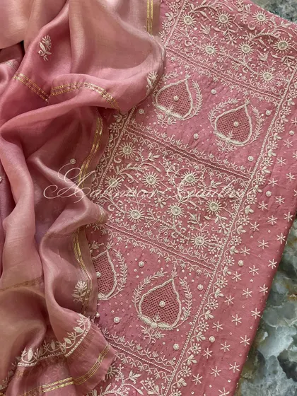 This image highlights the rich embroidery on the main body of the kurta, where traditional Chikankari is enhanced with sequins.