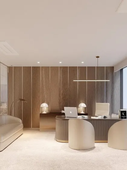 An executive office rendering, showcasing a sophisticated palette of warm metallics and soft textures. The design balances authority with comfort, featuring a modern desk, a small sofa, and panoramic city views.