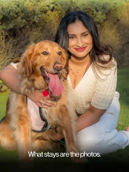 A beautiful portrait of a woman and her dog, with the text "What stays are the photos." 