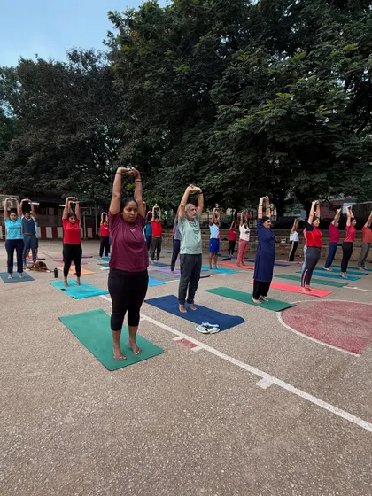 A large group of students stretching together during an outdoor class. Practicing in nature adds a unique element of peace and connection to the experience.