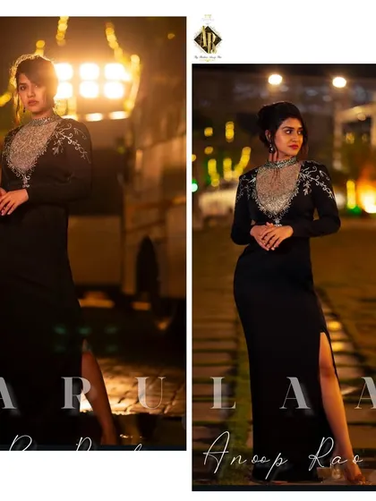 Sanjanaa Anand looking stunning in the final black gown with a silver embroidered illusion neckline. A perfect look for a royal movie promotion.