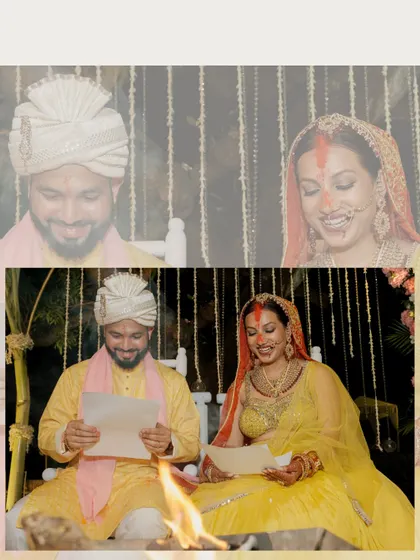 The couple smiling as they read their vows to each other during their ceremony, a beautiful and personal moment.