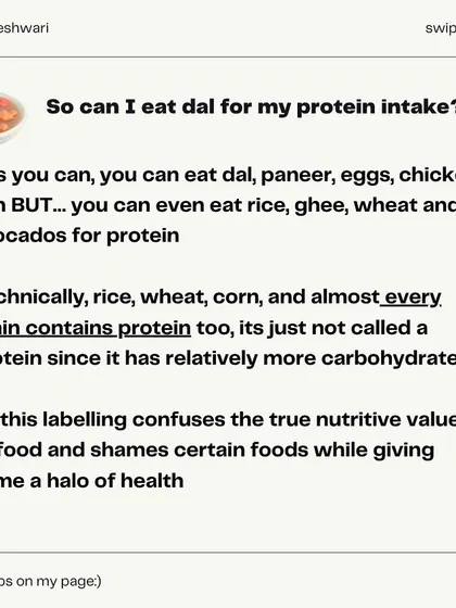 This infographic series tackles the viral claim that "dal is not a protein." I break down the nutritional facts, the importance of cultural context, and why labeling foods as just "carbs" or "protein" strips them of their true value. Ultimately, your digestion and the overall balance of your diet matter more than macronutrient labels.