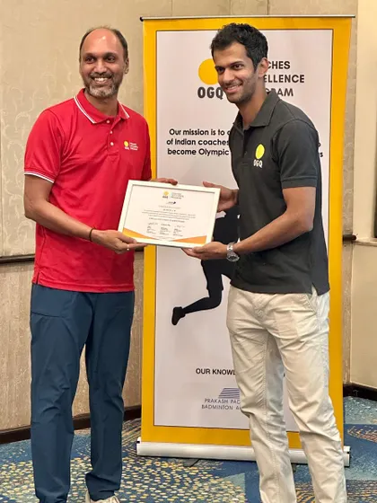 Coach Srinath J R receiving his certificate for the OGQ Coaches Excellence Program. We invest in our coaches' growth to ensure our players receive the best possible guidance.