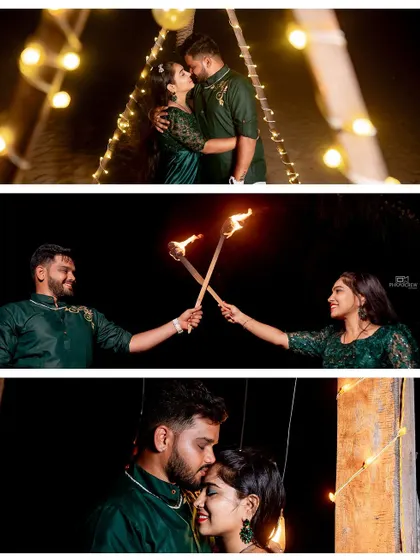 A collage of night-time pre-wedding shots, featuring fairy lights and torches for a magical feel.