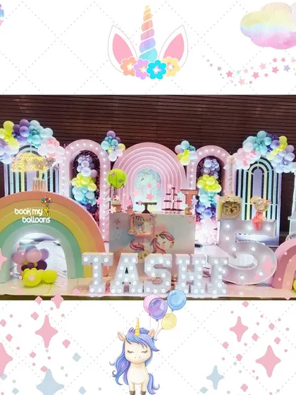 Tashi's unicorn and rainbow fifth birthday was a pastel dream. The grand setup included multiple rainbow arches, a unicorn themed dessert cart, and light up letters spelling her name, creating a truly magical atmosphere.