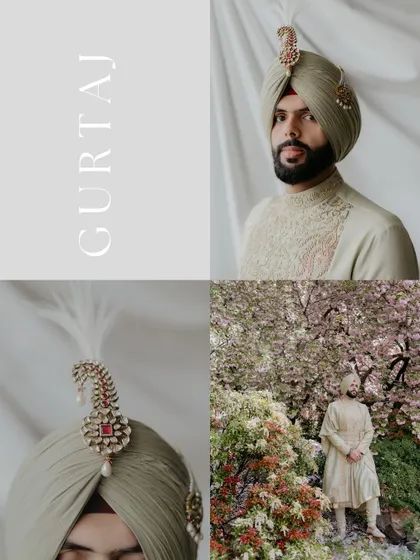 A collage focusing on the details of the groom's attire, from his elegant sherwani to the intricate kalgi on his turban. These shots celebrate the style and personality of the groom.