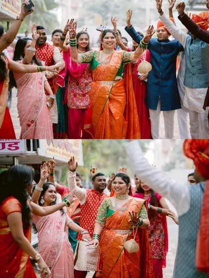 The bride's energetic entry with her friends and family, a moment of pure celebration.