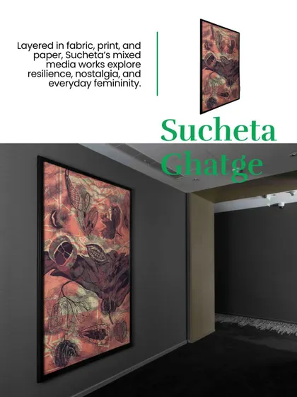 Sucheta Ghatge's mixed media work, layered in fabric, print, and paper, explores resilience and nostalgia. This piece was curated for a quiet hallway at the Four Seasons.