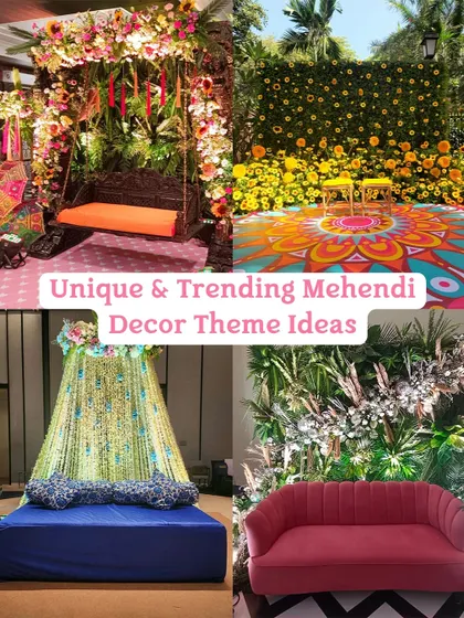 A collage of our unique and trending Mehendi decor themes, including "Carnival Extravaganza," "Floral Fantasy," "Boho Fiesta," and "Retro Disco."