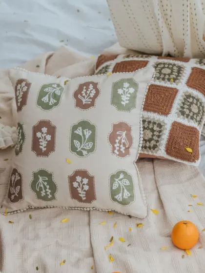 Our floral stamp and crochet-style cushion covers from the 'Woodland Whispers' collection. The earthy tones and handcrafted feel are perfect for creating a cozy, rustic vibe.