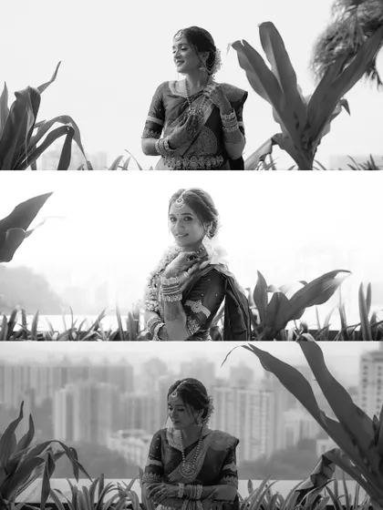 A triptych of black and white bridal portraits against a city skyline. The contrast between the traditional bride and the modern background creates a unique and compelling visual story.