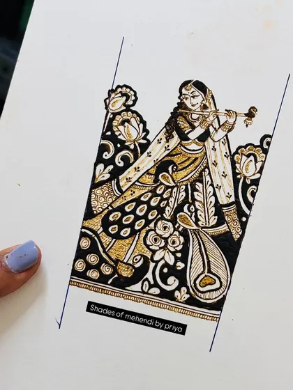 A practice sketch of a beautiful bride playing a flute, a unique figure for a bridal mehendi design.