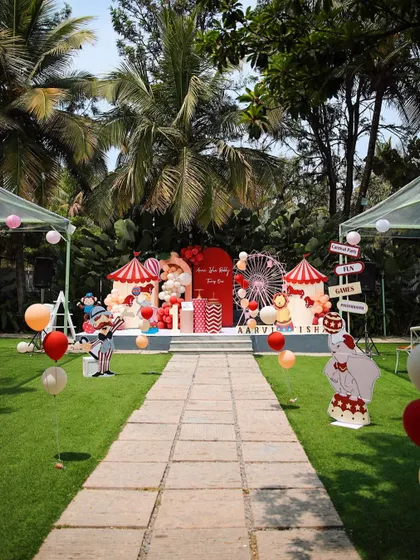 Another view of the grand circus-themed birthday party at Farmhouse Collective, showcasing the impressive stage setup and festive atmosphere.