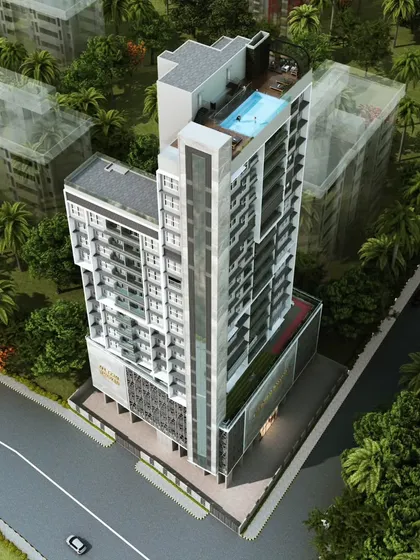 An aerial render of Haresh Bhuvan, showing the rooftop pool and amenities. The design provides residents with luxury living spaces that include stunning city views and exclusive recreational facilities.