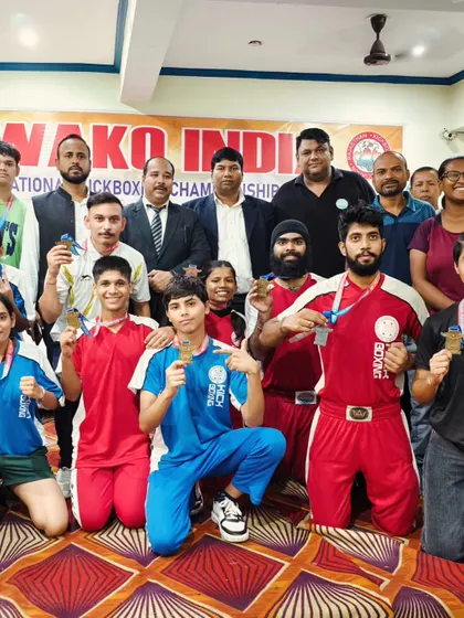 The full team celebrating our success at the WAKO India National Kickboxing Championship. We came, we fought, we conquered.