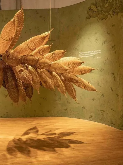 We find poetry in traditional materials and forms. This sculptural rendition for 'Edge of the Forest' uses a cluster of traditional 'Lu' fish traps from Manipur. Set against a bamboo forest and an evening landscape of fireflies, the installation becomes an evocative context for healing through ancestral wisdom and craft.