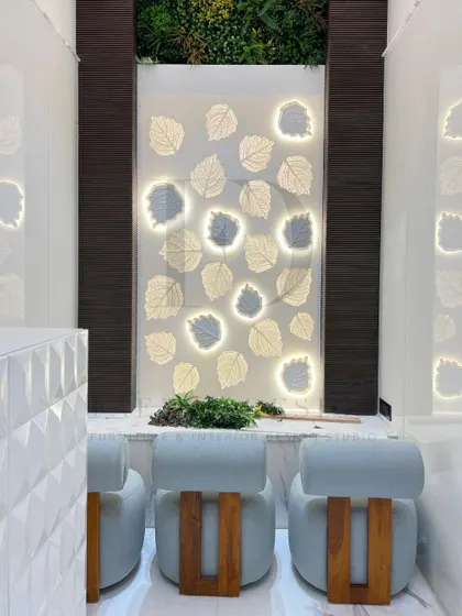 Another view of the custom-designed mandir, highlighting the soft glow from the backlit panel and the lush greenery above, which adds a touch of natural tranquility to the sacred space.
