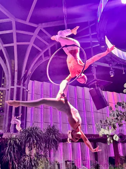 An inverted split during our duo hoop act, showcasing flexibility and coordination. Every move is choreographed and rehearsed to ensure safety and visual impact for corporate events and private parties.