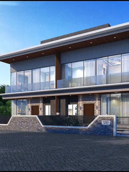A render of the twin villas in Lonavala, showcasing the clean, modern design with large glass panels and stone cladding.