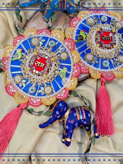 This royal blue "Ram Ram" sign is perfect for a modern yet traditional celebration. The vibrant colors and detailed craftsmanship make it a standout piece.
