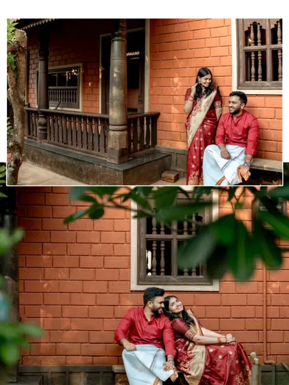 A collage of a couple enjoying quiet moments on the veranda of a traditional brick house, perfect for a vintage-themed pre-wedding shoot.