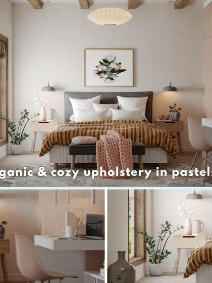 This bedroom design uses organic and cozy upholstery in soft pastel tones. A floating desk and open shelving create a light and airy workspace within the room.