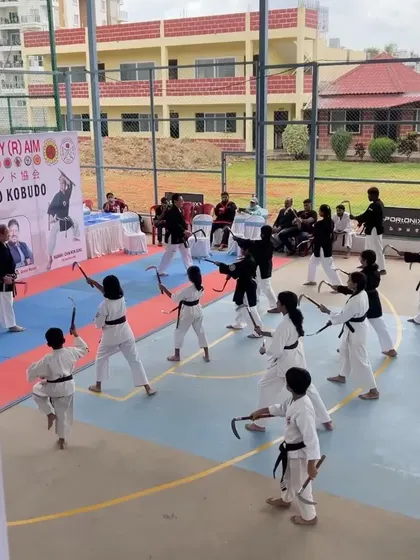 A full view of the Kobudo seminar, with participants practicing their forms in unison on our spacious court.