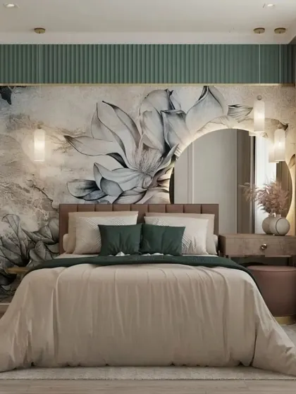 An artistic bedroom featuring a beautiful floral mural as the backdrop. The design is complemented by a curved headboard, elegant wall sconces, and a compact vanity, creating a soft and romantic vibe.