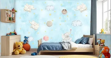 A dreamy and whimsical wallpaper featuring cute elephants floating among clouds and planets against a soft blue sky. This gentle design is perfect for a baby's nursery.