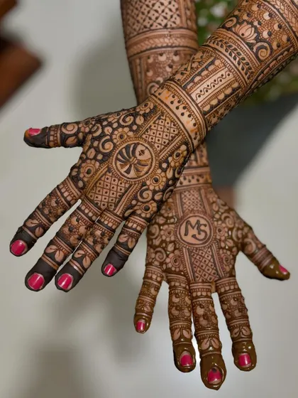A close-up of the palms from the "MS" bridal mehendi.