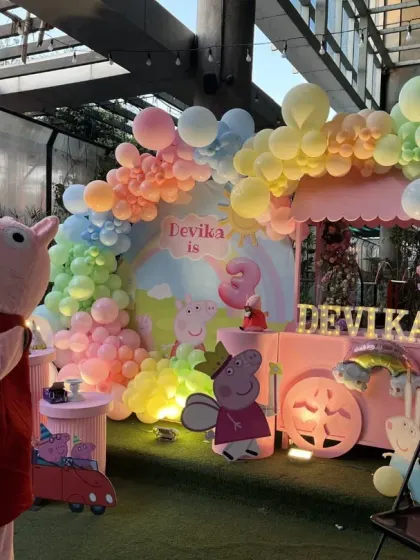 We bring your child's favorite characters to life with fully immersive themed parties. This Peppa Pig celebration included a complete decor setup with a custom backdrop and cake stand, plus a visit from a Peppa mascot to delight the birthday girl and her friends.