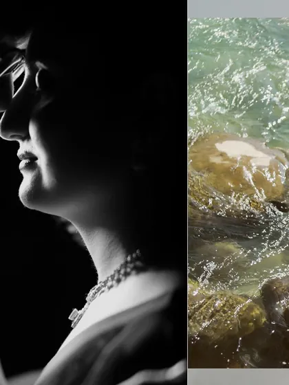 A creative pre-wedding collage combining a dramatic black and white silhouette with a shot of clear, flowing water. This artistic composition connects the couple's intimacy with the beauty of nature.