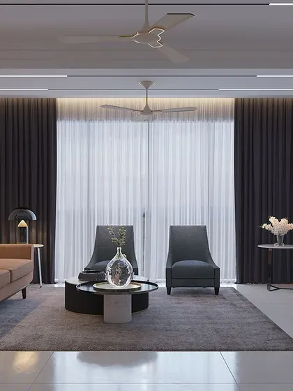 A design concept for a luxurious living room with soft greys, whites, and marble accents, creating an atmosphere of elegance and calm.