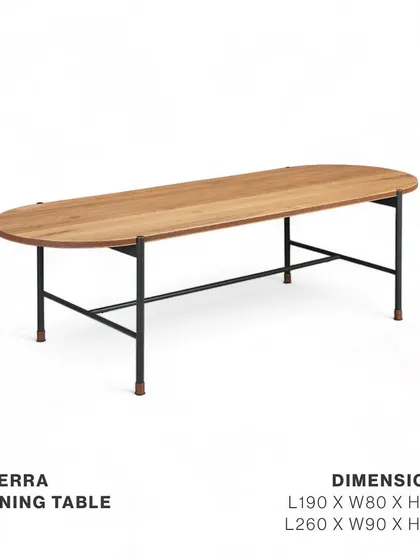 The Tierra Dining Table, available in two sizes. Its solid oak wood top and slender steel legs with leather-capped feet combine natural warmth with industrial chic for a truly unique design.
