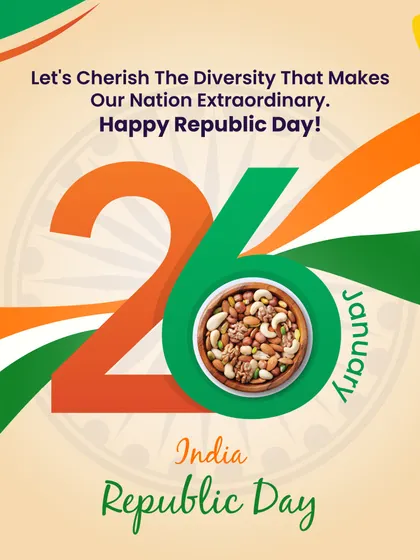 Let's cherish the diversity that makes our nation extraordinary. This Republic Day graphic features a bowl of my dry fruits within the number 26.