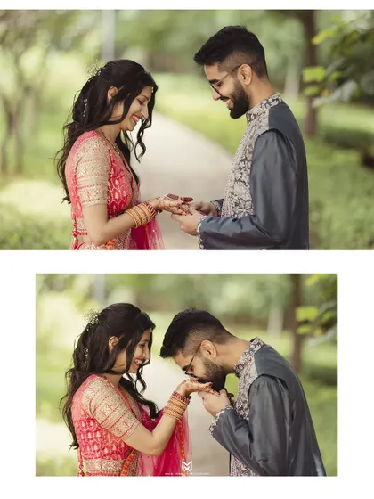 Sweet, intimate moments from the Roka ceremony. The groom admiring the mehandi and kissing his bride's hand are gestures full of love and respect.