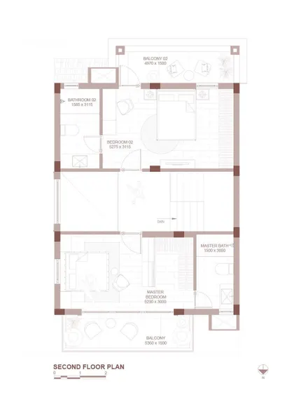 The second floor plan details the layout of the private bedrooms and bathrooms, each with access to balconies and views.