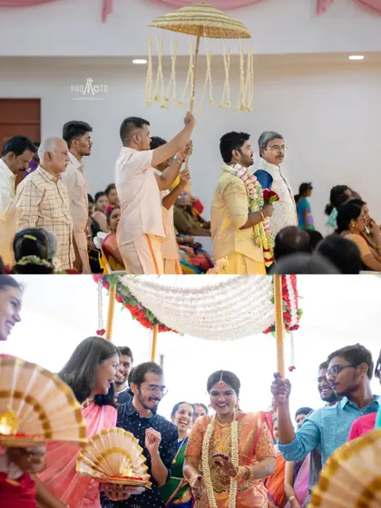 A collage showing the traditional entrances of both the bride and groom, full of cultural richness.